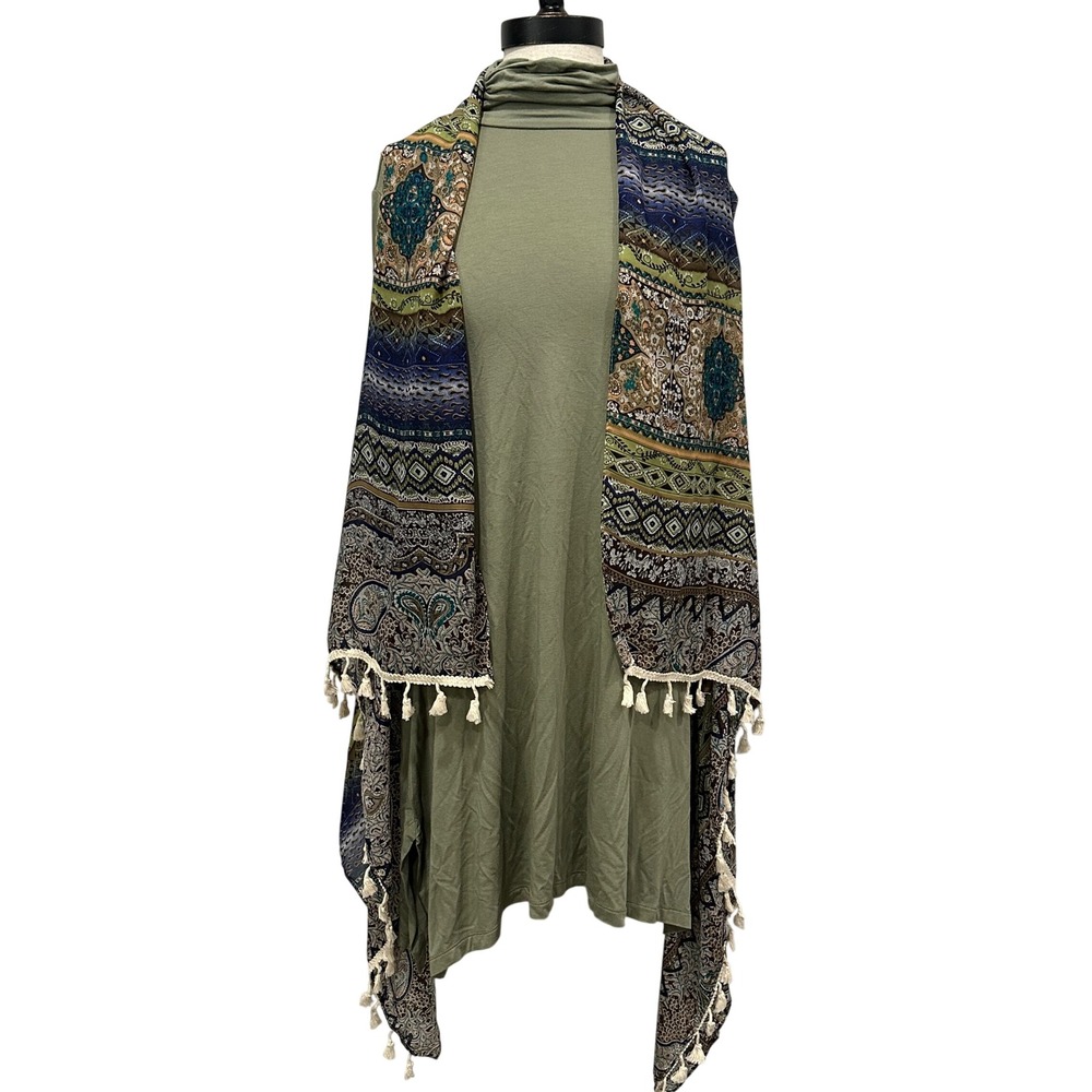 Soft Surroundings Olive Green Tunic and Paisley Tassel Shawl Set Size S 26159